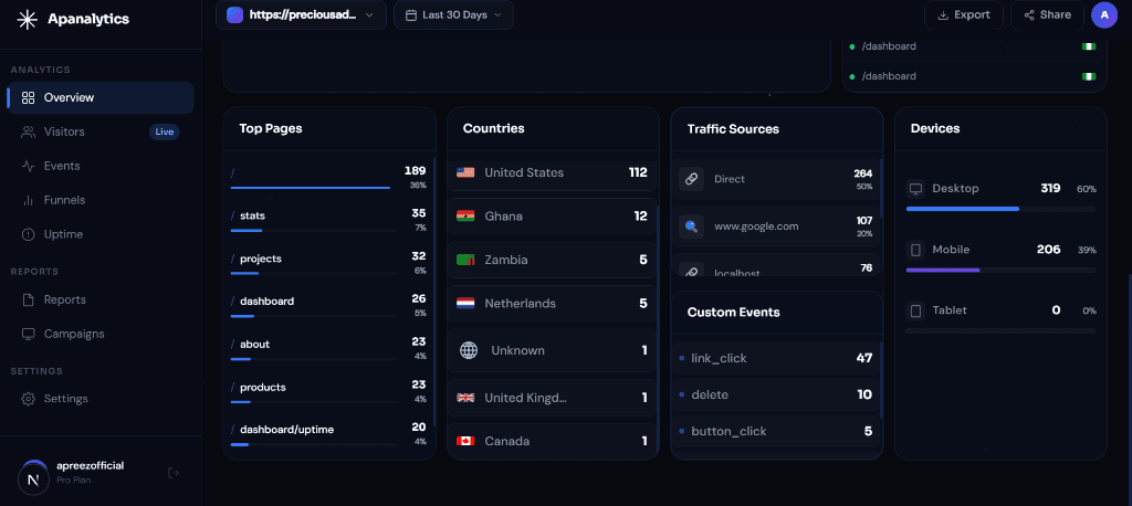 APAnalytics overview dashboard showing top pages, countries, traffic sources and devices