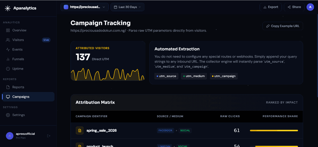 APAnalytics project settings showing tracking endpoint and whitelisting